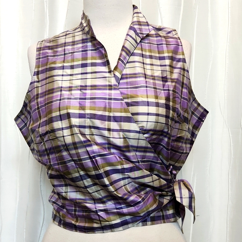 Melrose Studio Silk Plaid Belted Side Tie Wrap Top